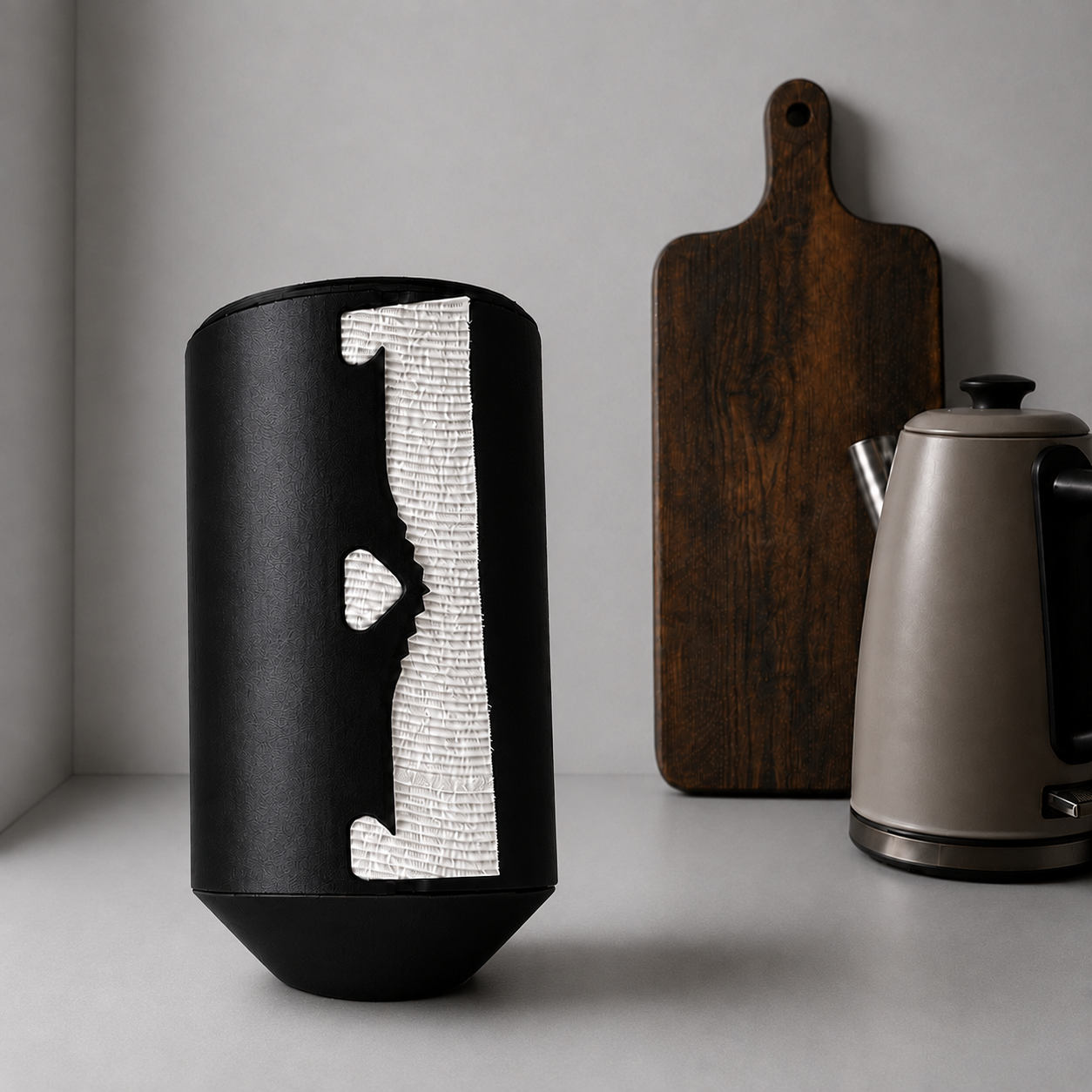 Rollbox Serve Blackout Paper Towel dispenser with paper visible through the front cutting edge