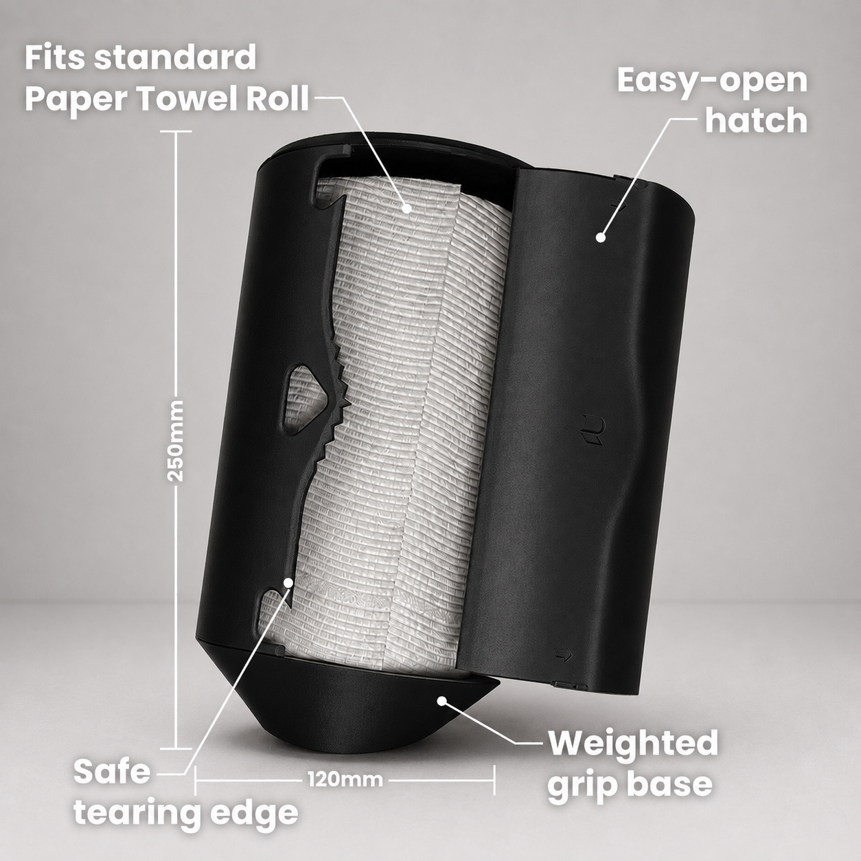Rollbox Serve Blackout Paper Towel dispenser open with a standard roll inside, showing the easy-open hatch, safe tearing edge, weighted base and Dimensions