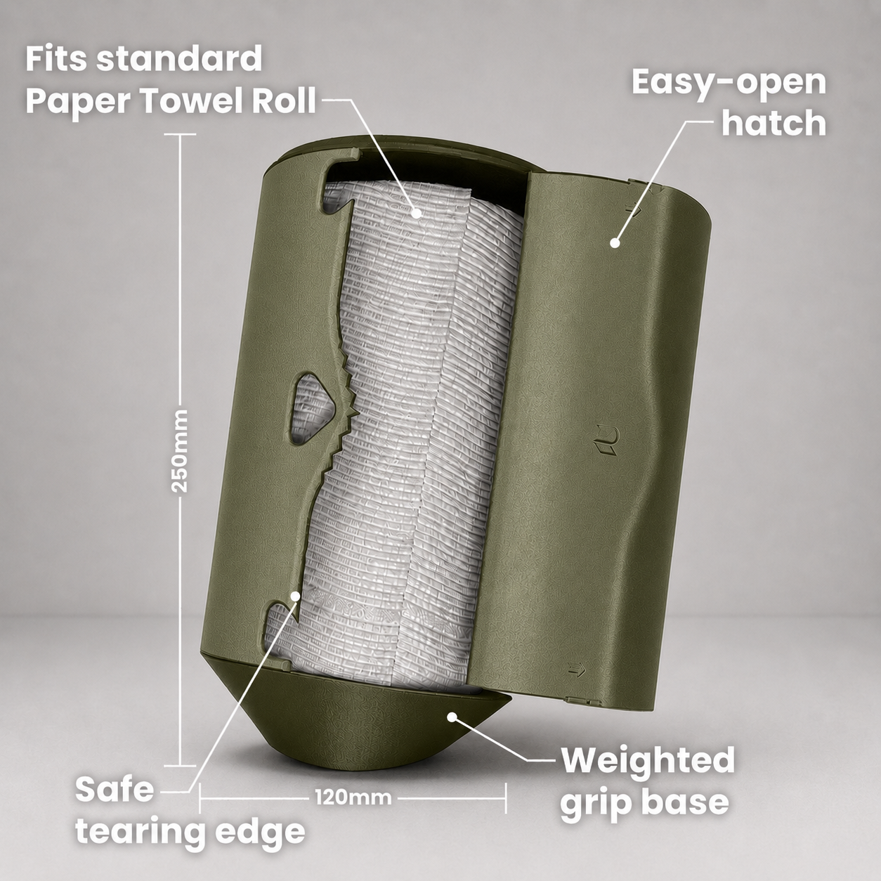 Rollbox Serve Canopy Paper Towel dispenser open with a standard roll inside, showing the easy-open hatch, safe tearing edge, weighted base and Dimensions