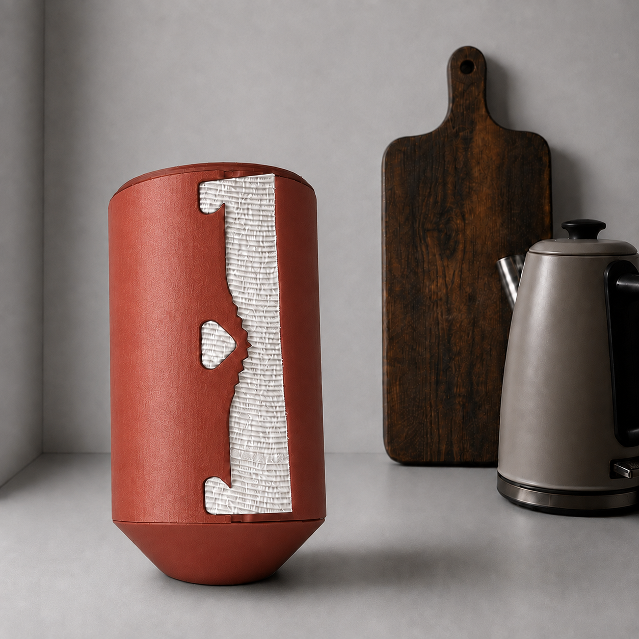 Rollbox Serve Clay Paper Towel dispenser with paper visible through the front cutting edge