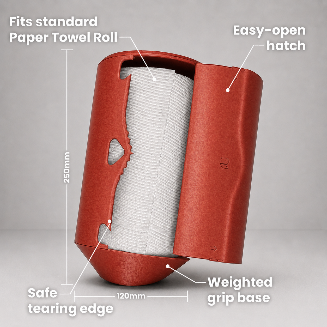 Rollbox Serve Clay Paper Towel dispenser open with a standard roll inside, showing the easy-open hatch, safe tearing edge, weighted base and Dimensions