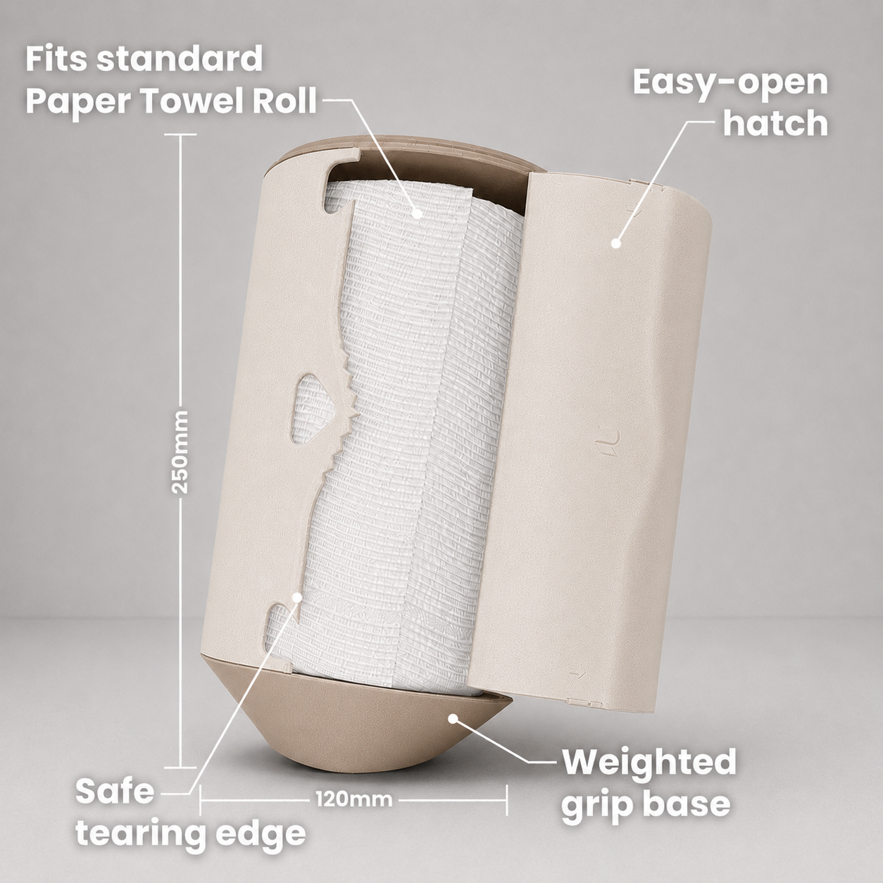 Rollbox Serve Dune Paper Towel dispenser open with a standard roll inside, showing the easy-open hatch, safe tearing edge, weighted base and Dimensions