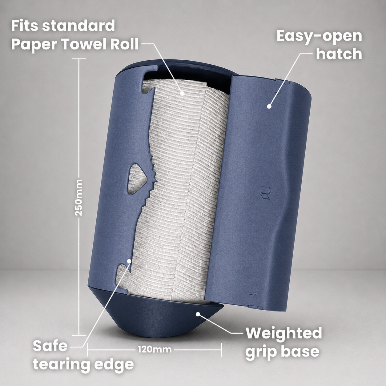 Rollbox Serve Midnight Paper Towel dispenser open with a standard roll inside, showing the easy-open hatch, safe tearing edge, weighted base and Dimensions