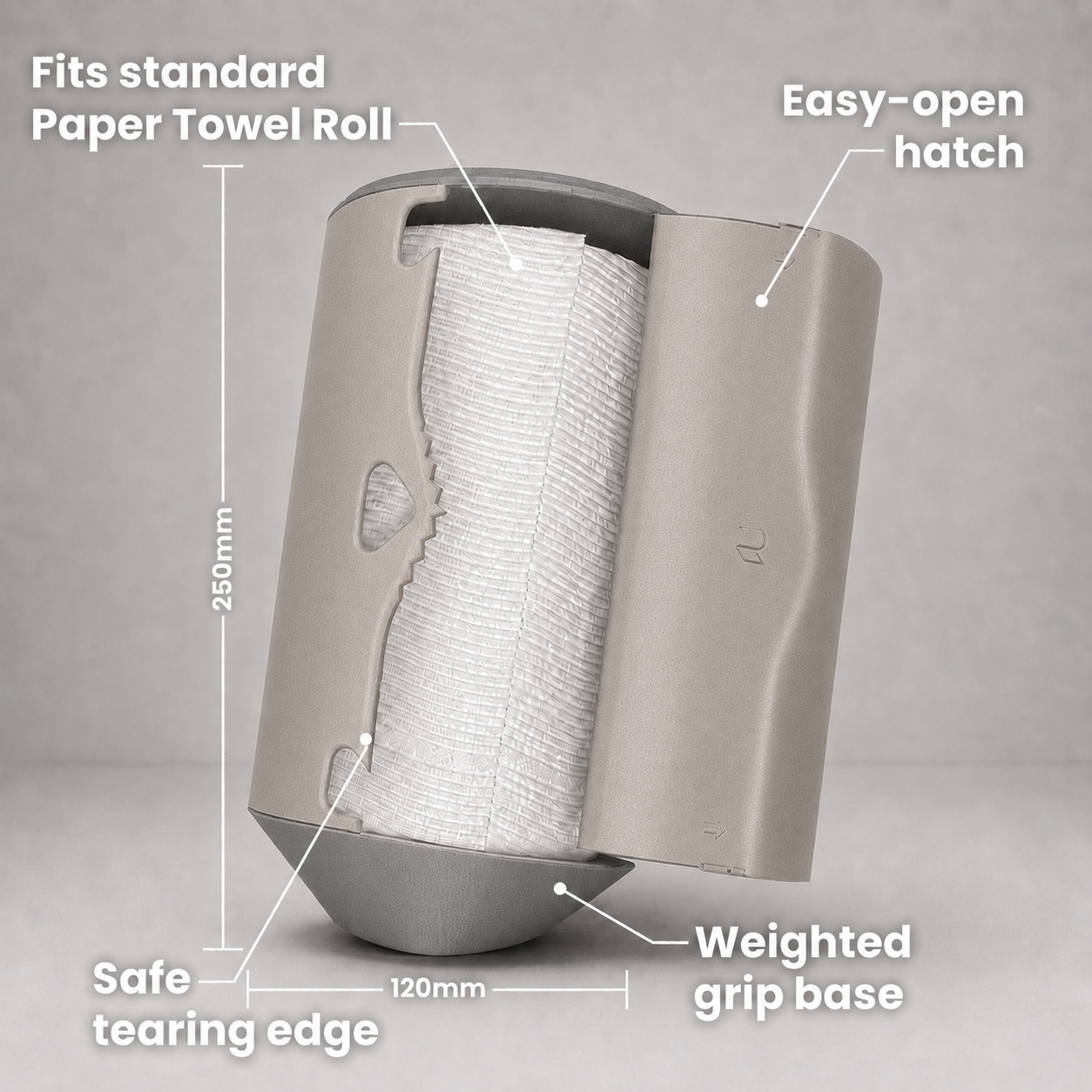 Rollbox Serve Stone Paper Towel dispenser open with a standard roll inside, showing the easy-open hatch, safe tearing edge, weighted base and Dimensions
