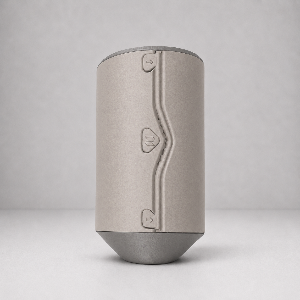 Rollbox Serve Stone Paper Towel dispenser showing the integrated cutting edge and front logo
