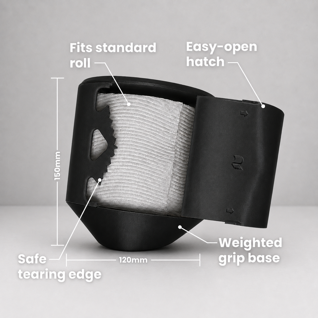 Rollbox Studio Blackout tissue dispenser open with a standard roll inside, showing the easy-open hatch, safe tearing edge and weighted base