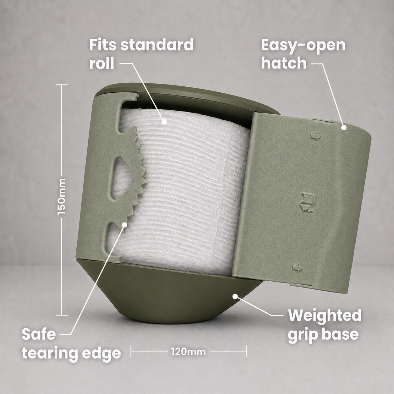 Rollbox Studio Canopy tissue dispenser open with a standard roll inside, showing the easy-open hatch, safe tearing edge weighted base and Dimensions