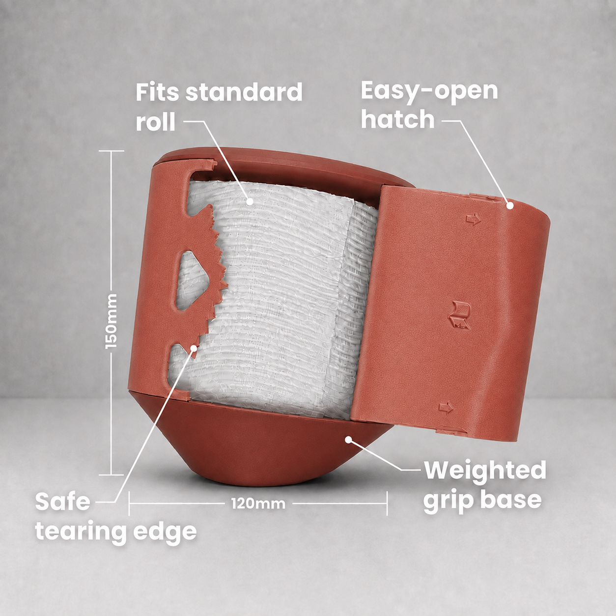 Rollbox Studio Clay tissue dispenser open with a standard roll inside, showing the easy-open hatch, safe tearing edge weighted base and Dimensions
