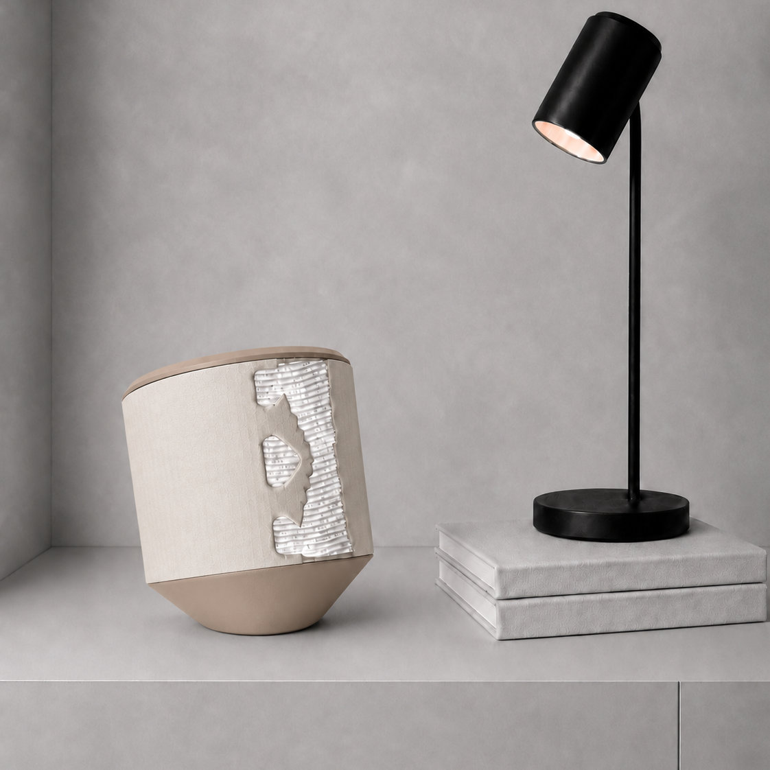 Rollbox Studio Dune tissue dispenser with paper visible through the front cutting edge