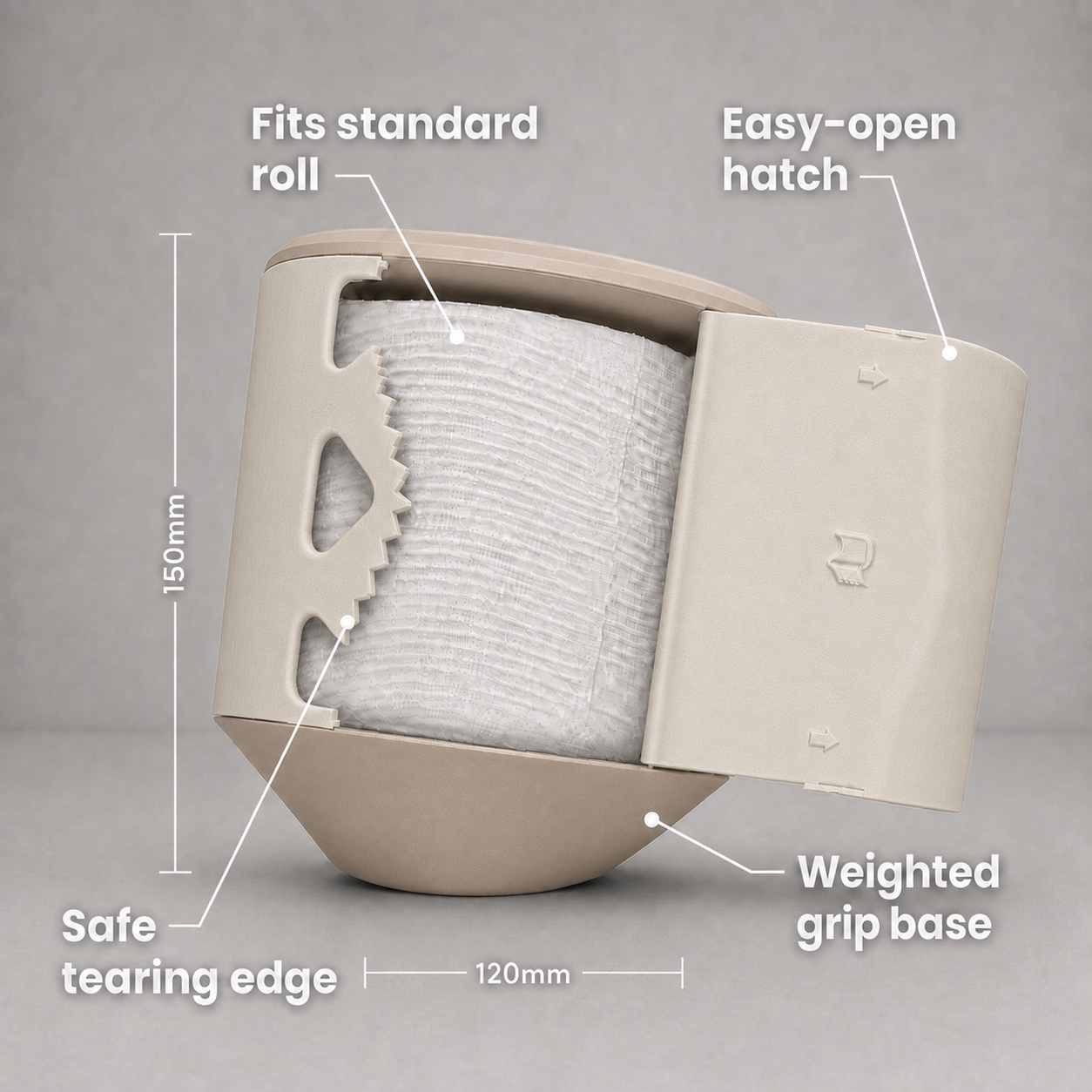 Rollbox Studio Dune tissue dispenser open with a standard roll inside, showing the easy-open hatch, safe tearing edge, weighted base and dimensions