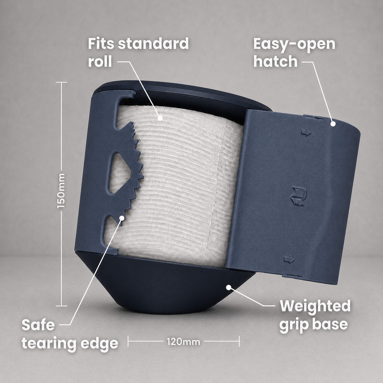 Rollbox Studio Midnight tissue dispenser open with a standard roll inside, showing the easy-open hatch, safe tearing edge weighted base and Dimensions
