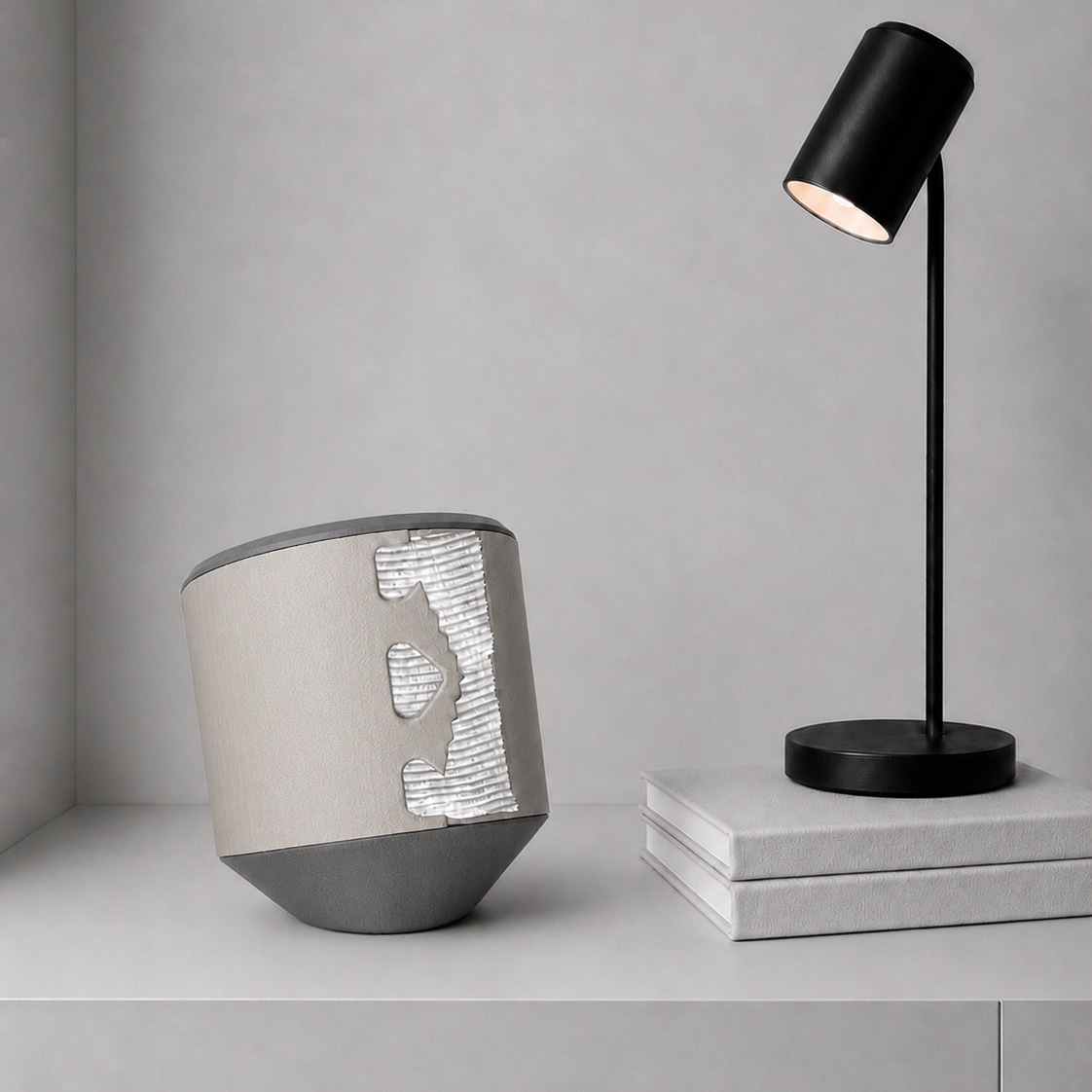 Rollbox Studio Stone tissue dispenser with paper visible through the front cutting edge