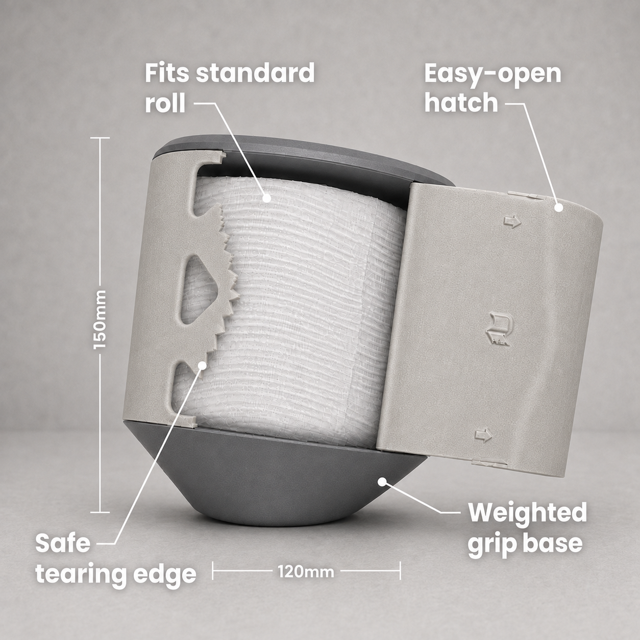 Rollbox Studio Stone tissue dispenser open with a standard roll inside, showing the easy-open hatch, safe tearing edge , weighted base and dimensions